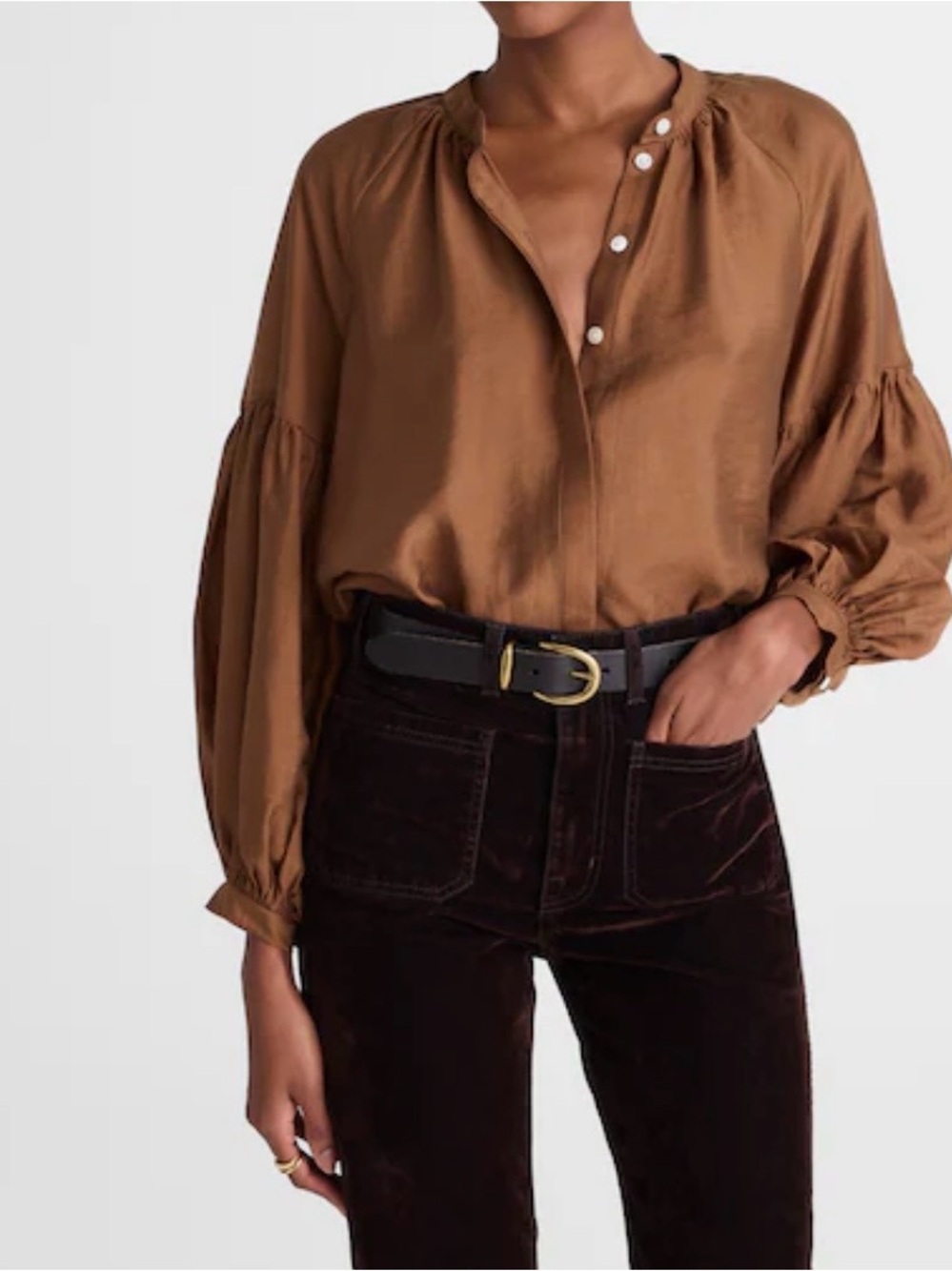 Madewell Women's S Brown Solid Satin Round Neck Balloon Sleeve Blouse NY339